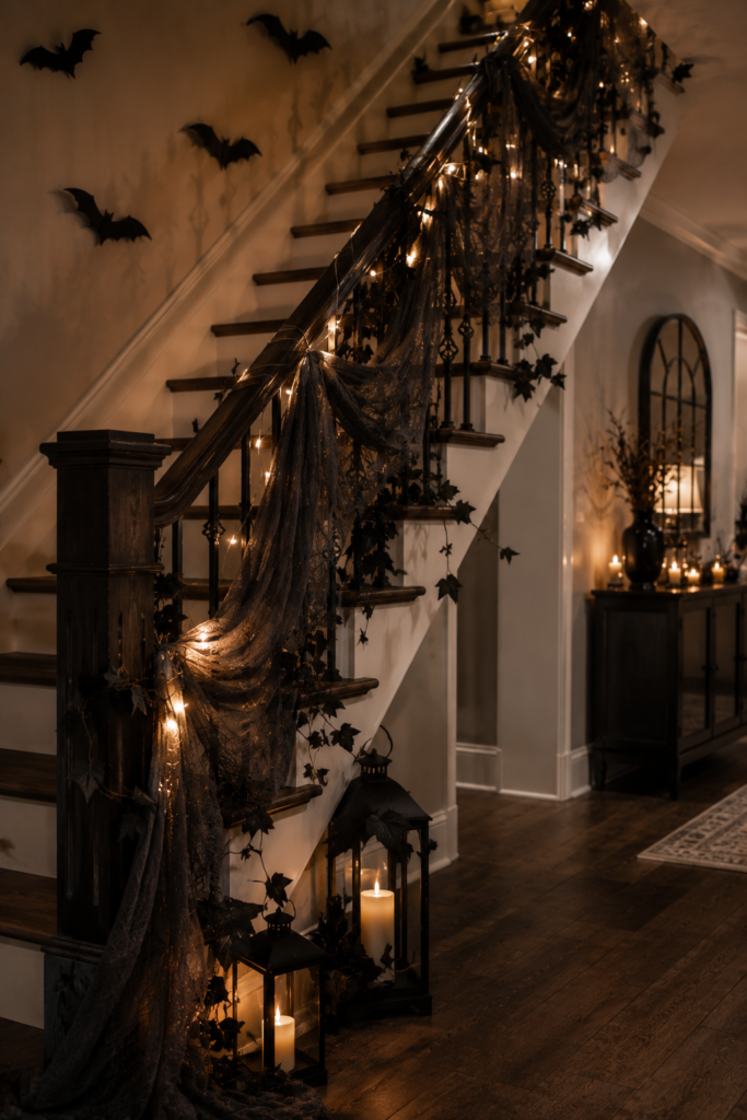 Stylish Halloween staircase with dark fabric, bats, vines, and warm lights