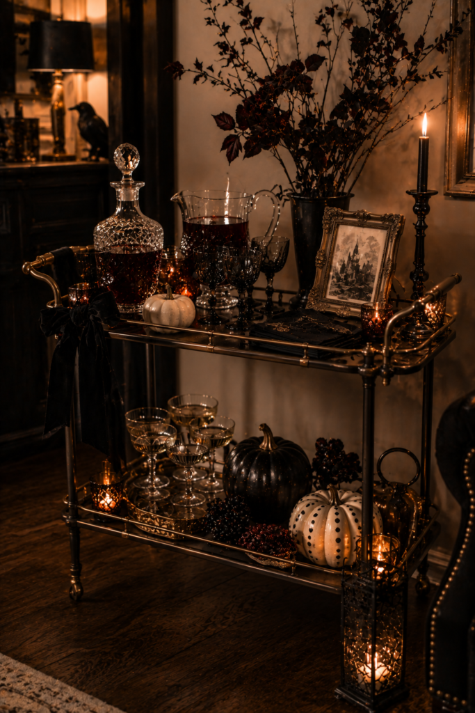 Vintage Halloween serving cart with glassware, pumpkins, branches, and dark accents