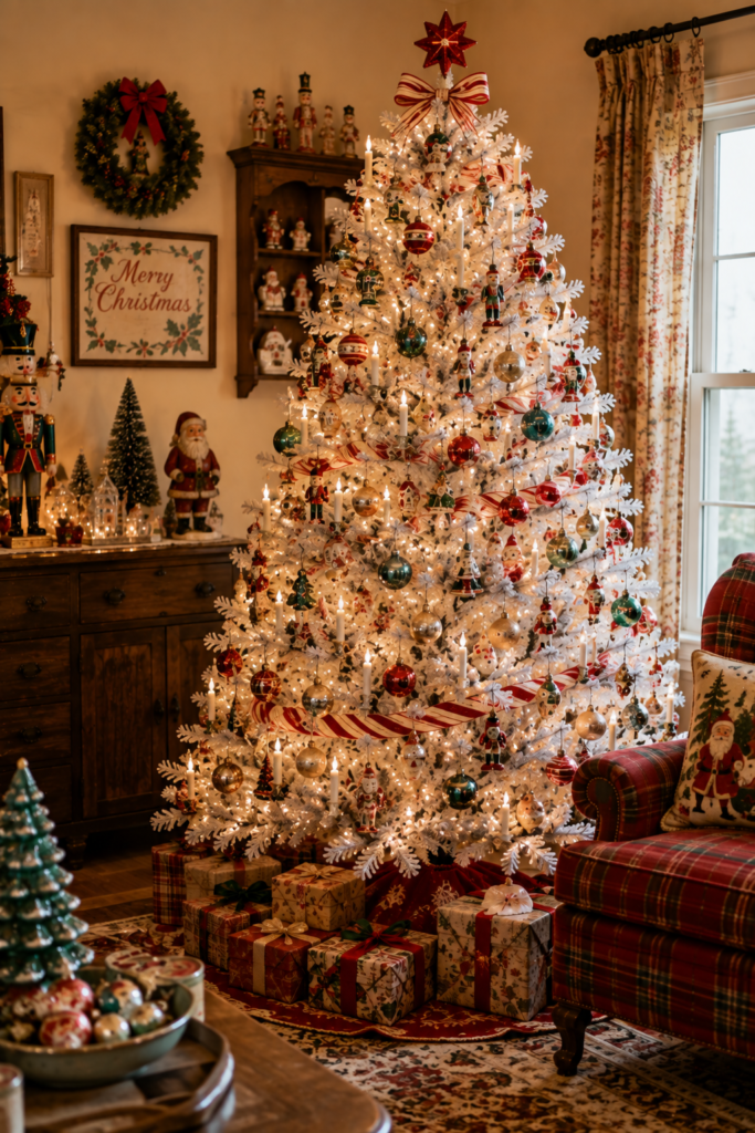 Vintage white Christmas tree with retro ornaments and nostalgic ribbon