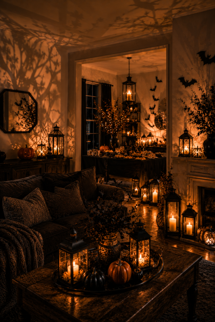 Warm Halloween lantern lighting casting subtle seasonal shadows across a party room