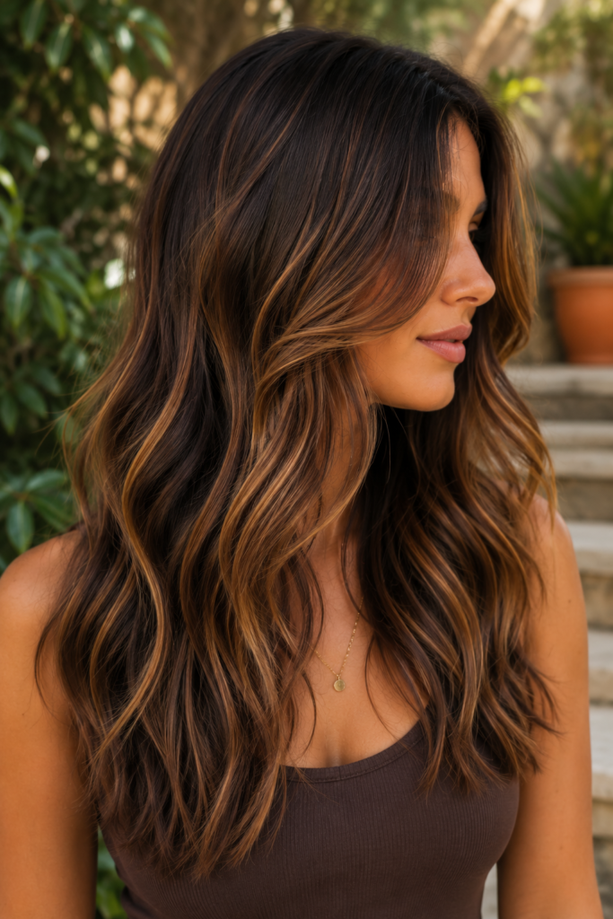 Wavy Brown Hair with Warm Caramel Streaks