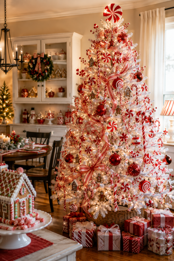 White Christmas tree with candy canes peppermint ornaments and striped ribbon
