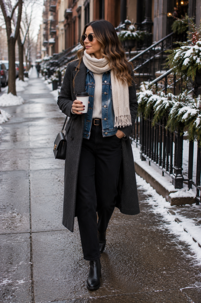 winter layering outfits with a denim jacket under wool coat
