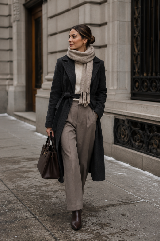 winter outfits featuring a belted wool coat and scarf