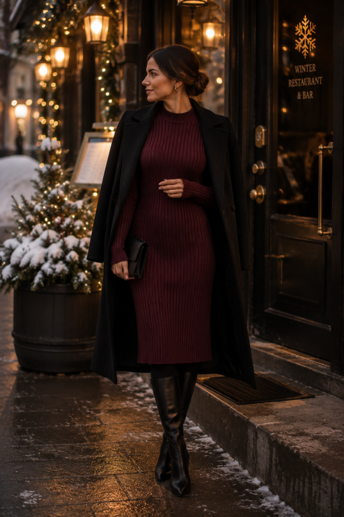 winter outfits featuring a burgundy knit dress and boots