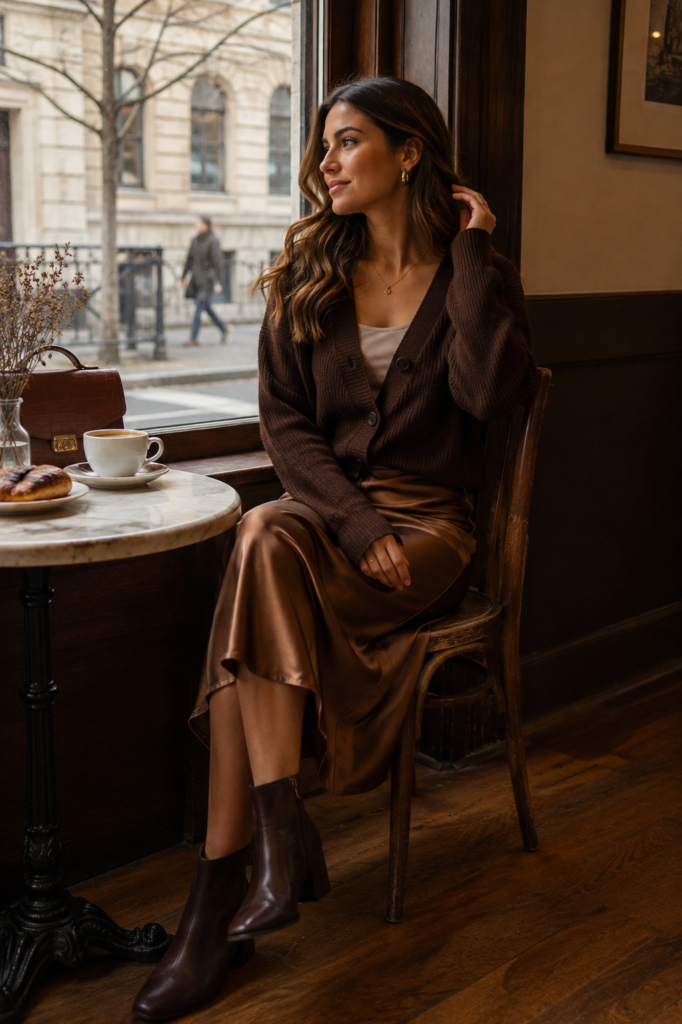 winter outfits featuring a chocolate cardigan and satin skirt