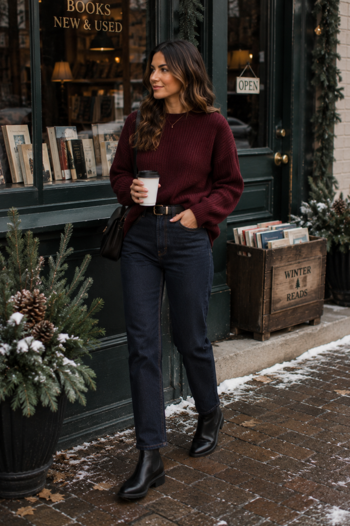 winter outfits with a burgundy sweater and Chelsea boots