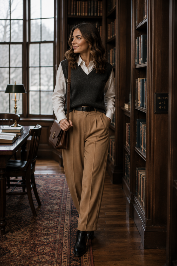 winter outfits with a knit vest and pleated trousers