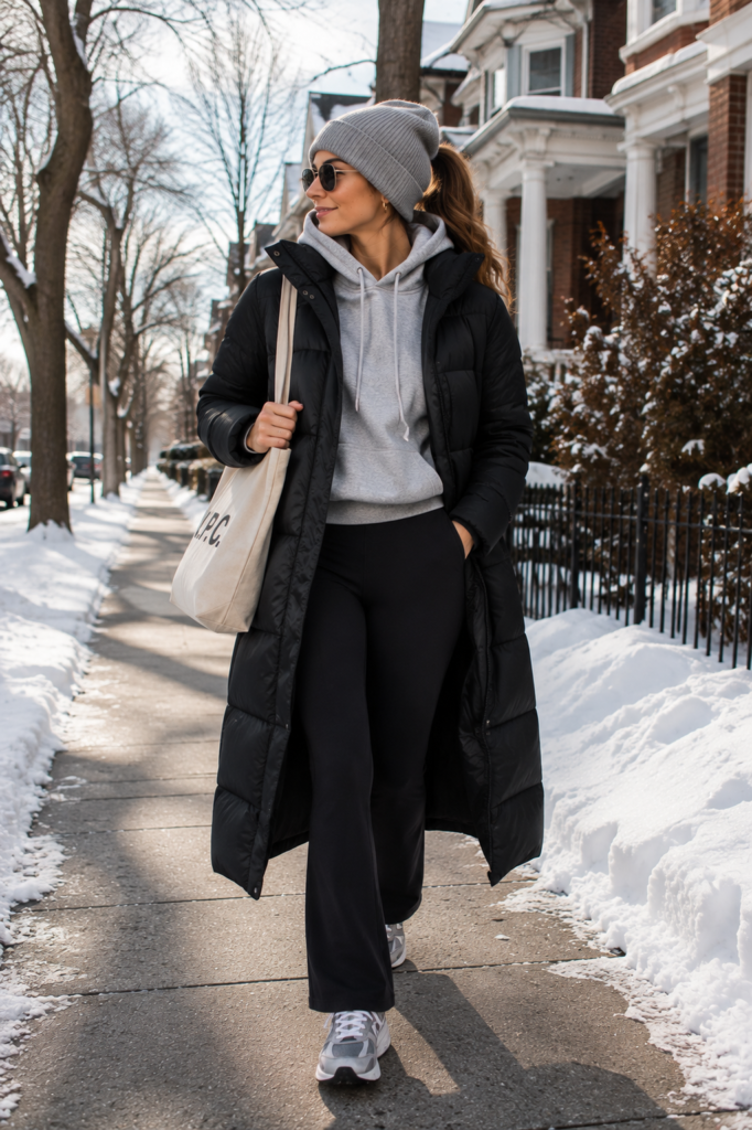 winter outfits with a long puffer and flare leggings