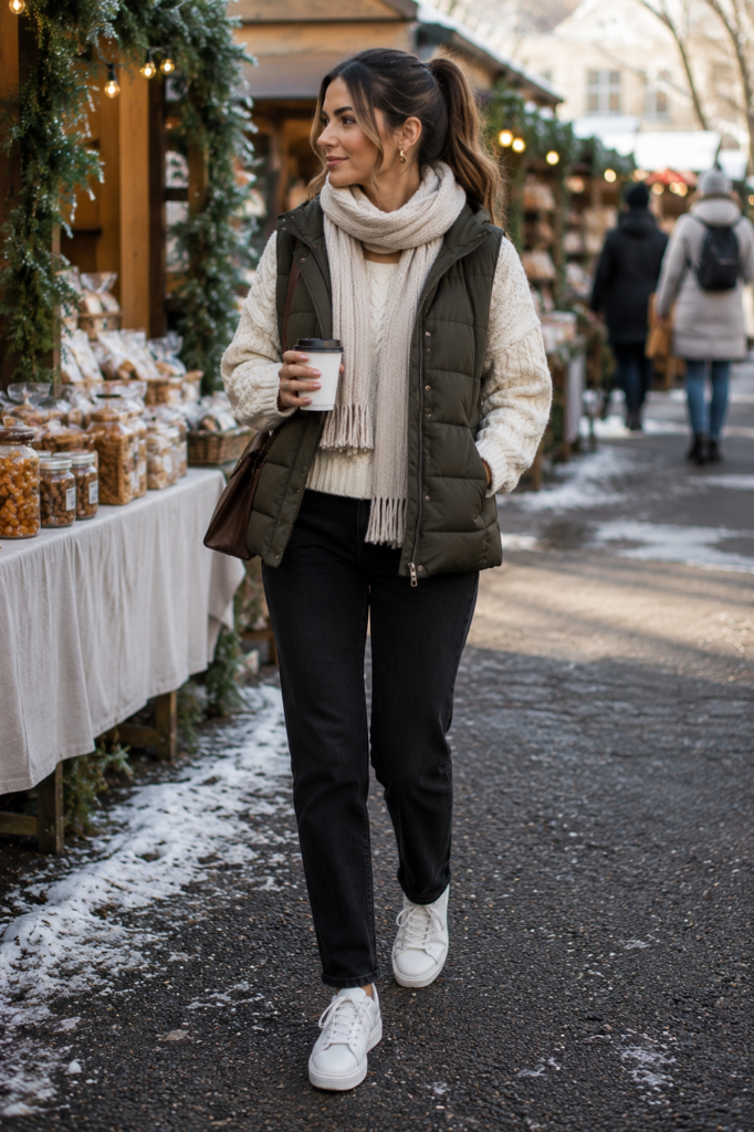 winter outfits with a puffer vest and cable-knit sweater