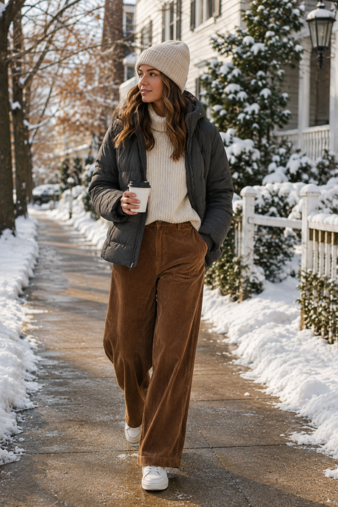 winter outfits with a quilted puffer and corduroy pants