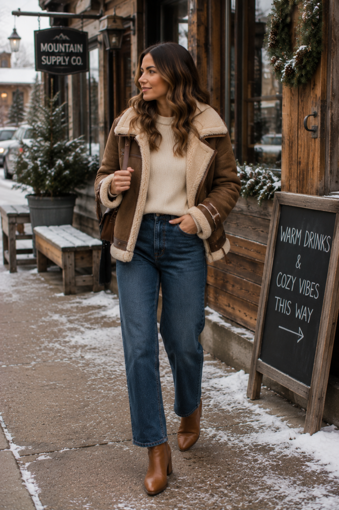 winter outfits with a shearling aviator jacket and jeans
