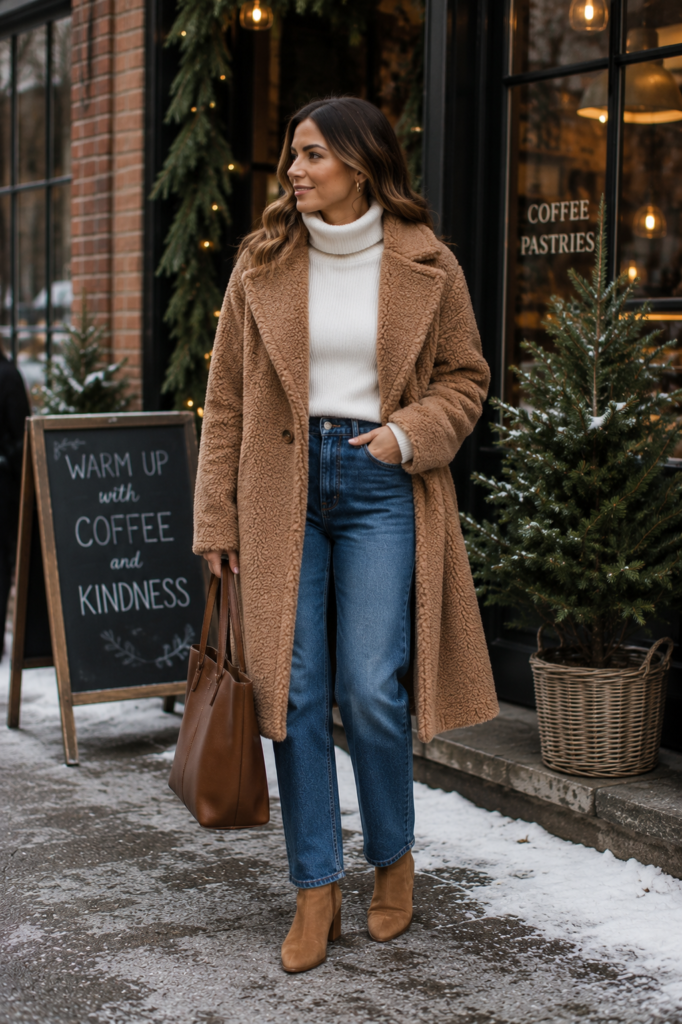 winter outfits with a teddy coat and white turtleneck