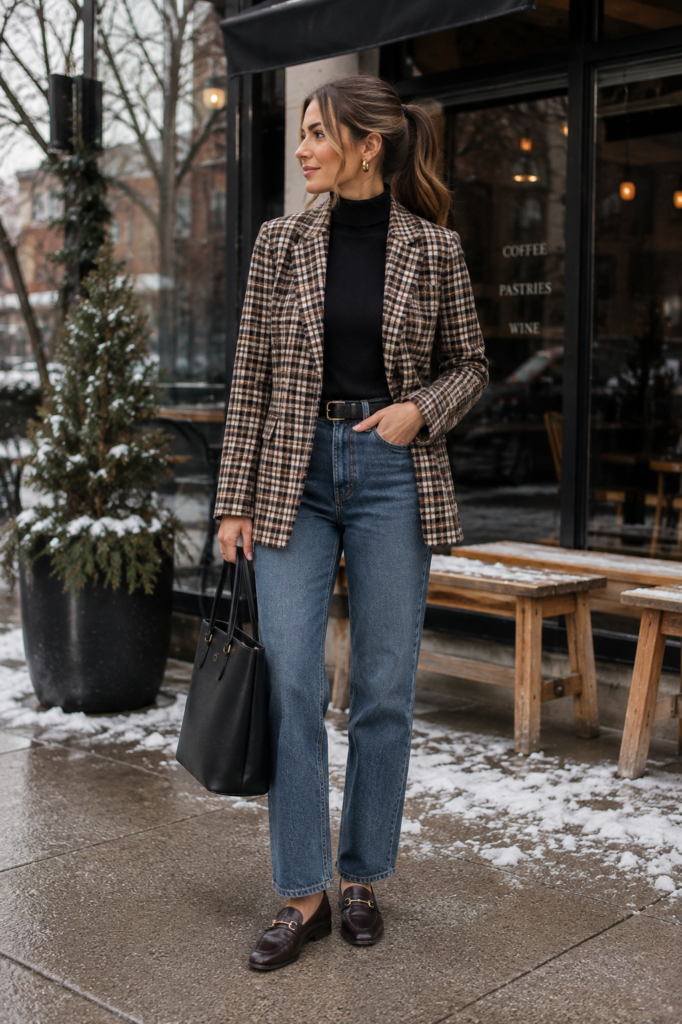 winter outfits with plaid blazer and straight jeans