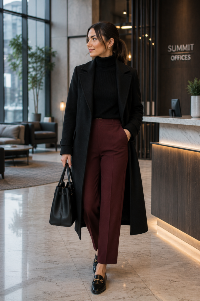 winter work outfits with burgundy trousers and a long coat