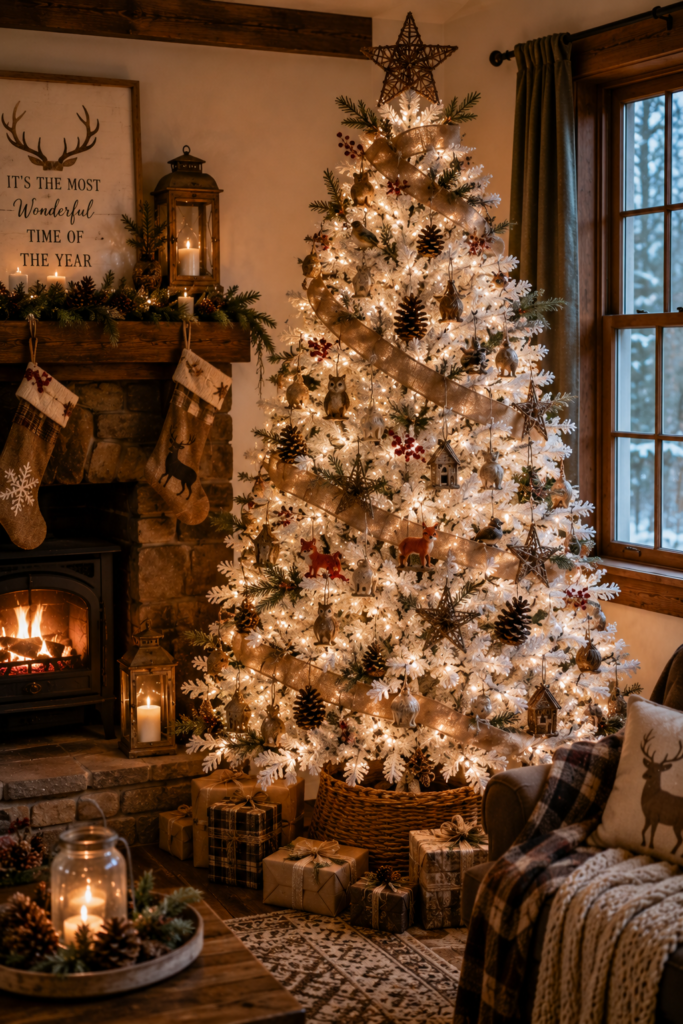 Woodland white Christmas tree with pinecones berries and forest ornaments