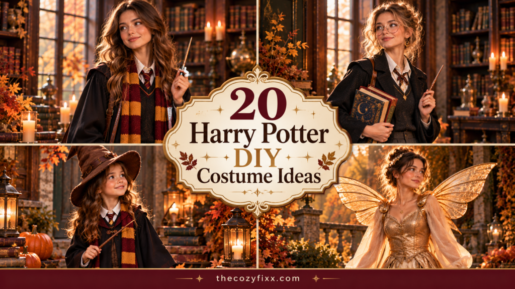 20 Harry Potter DIY costume ideas featured in a four-panel autumn Halloween costume collage with wizard-inspired outfits.
