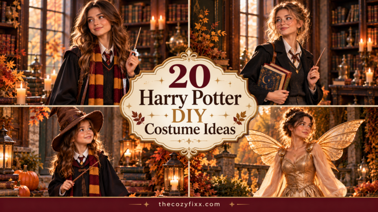 20 Harry Potter DIY costume ideas featured in a four-panel autumn Halloween costume collage with wizard-inspired outfits.