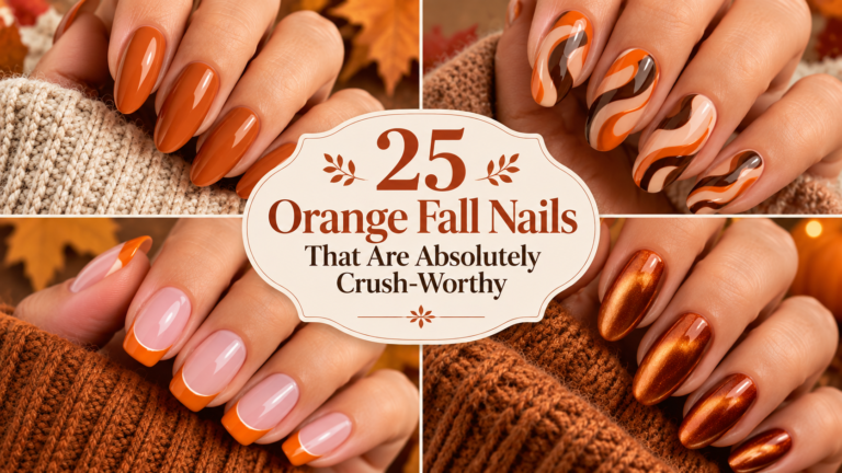 25 orange fall nails featuring burnt orange, orange French tips, swirl, and chrome designs