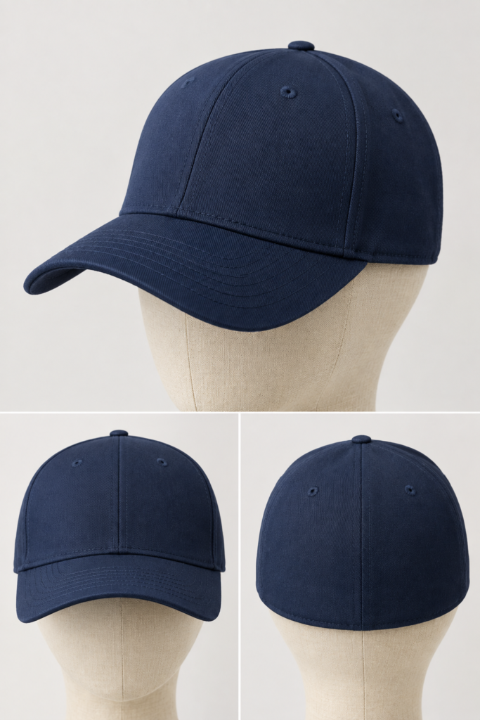 Navy fitted baseball cap with seamless back and structured crown