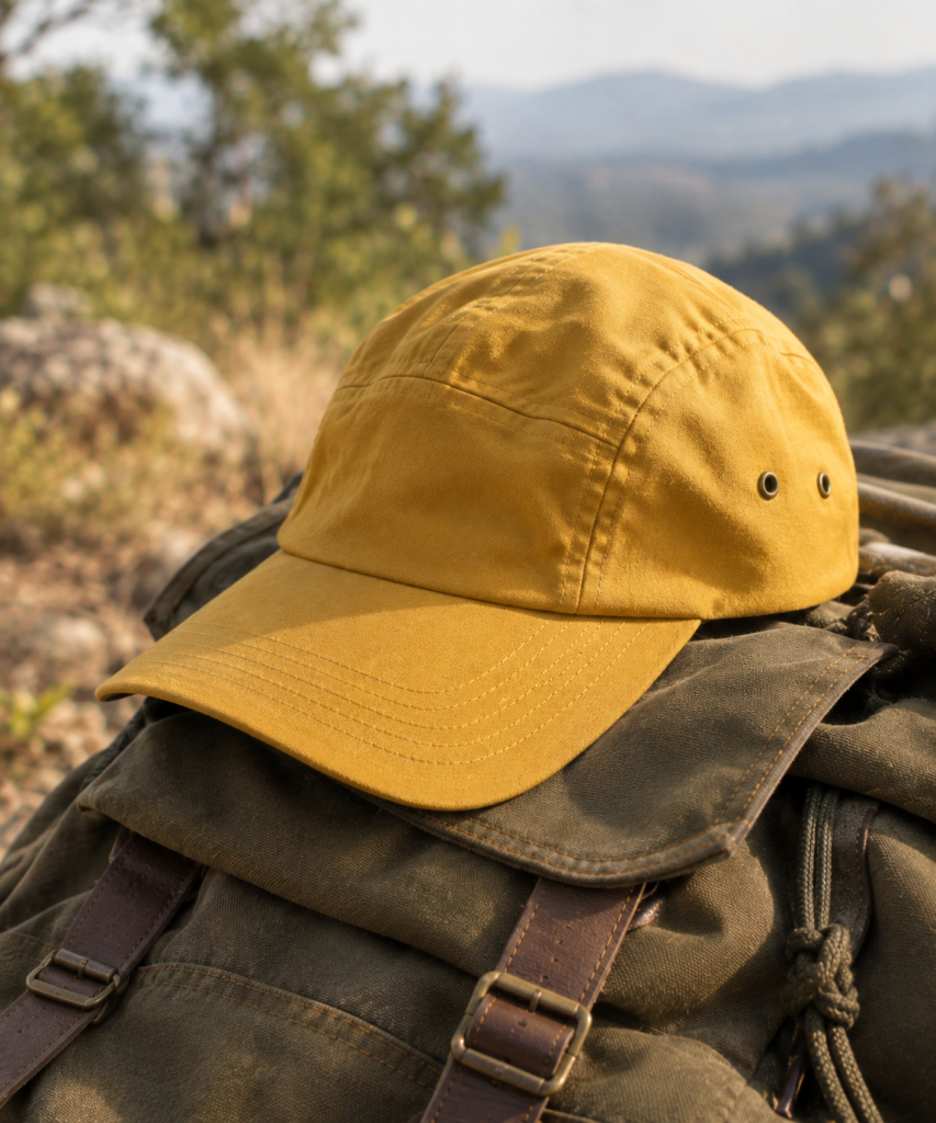 Mustard yellow camp cap with smooth unstructured crown resting on a backpack
