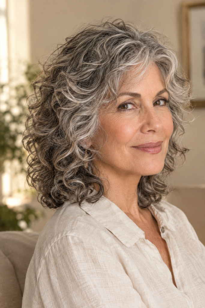 Airy layered curly shag with salt-and-pepper texture