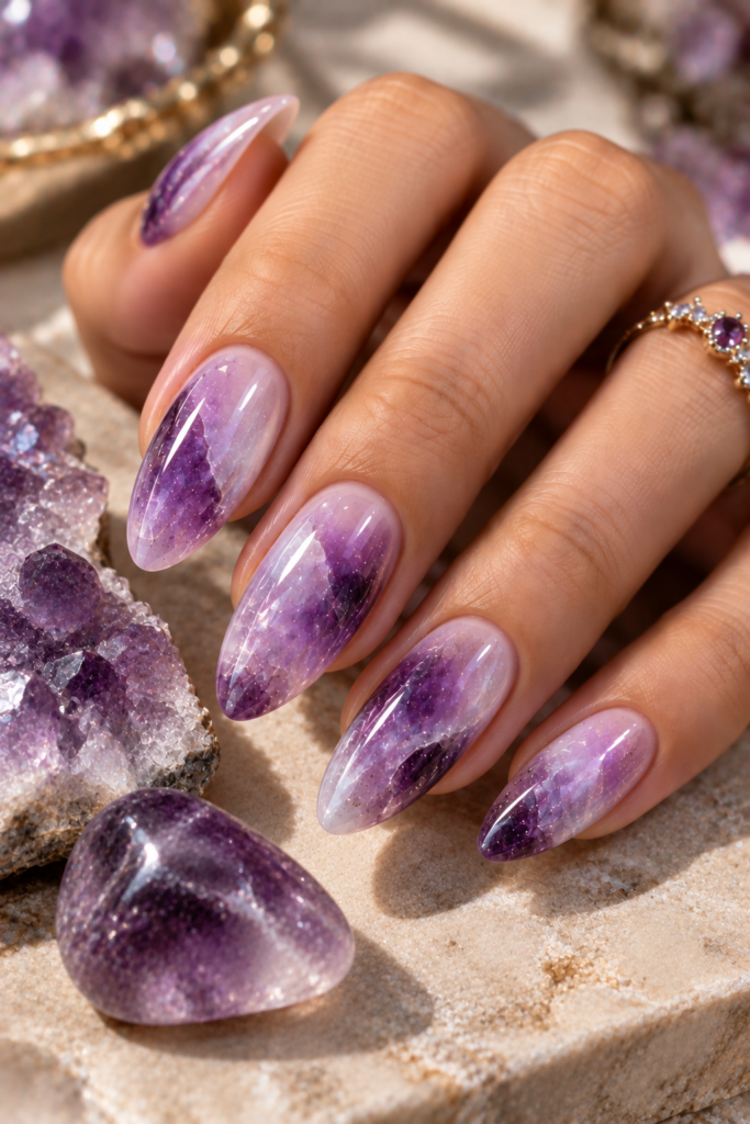 Close-up of long, almond-shaped nails with a purple amethyst crystal design, resting near raw amethyst stones and a gold ring.