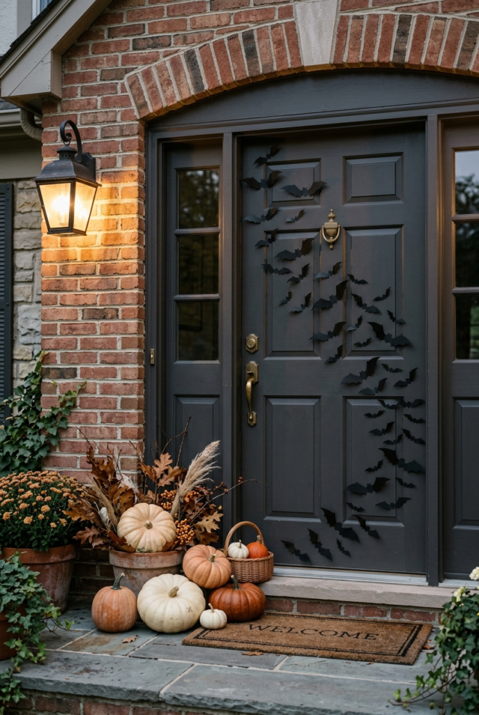 A dark gray front door decorated with a flock of black bat cutouts, set against a red brick wall with a lit lantern and pumpkins on the porch.