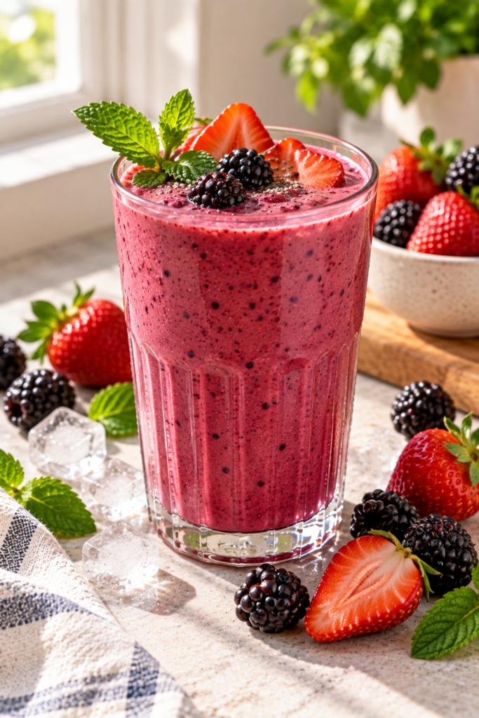 A tall glass of pink berry smoothie topped with sliced strawberries, blackberries, and mint leaves, sitting on a counter next to ice cubes and fresh fruit.