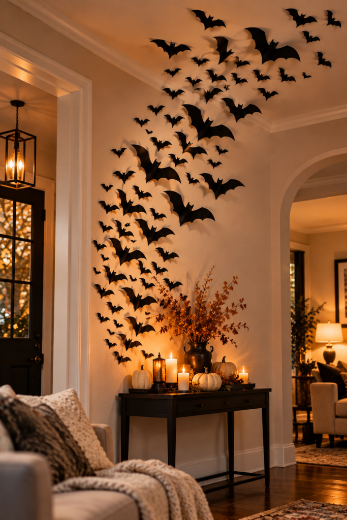 A cluster of black bat cutouts arranged on a cream-colored wall above a console table holding white pumpkins and lit candles.