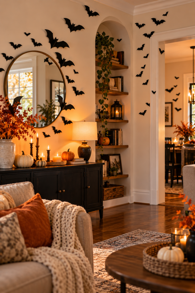 Black bat wall decals arranged in a flock pattern above a round mirror and a dark sideboard with pumpkins and candles.