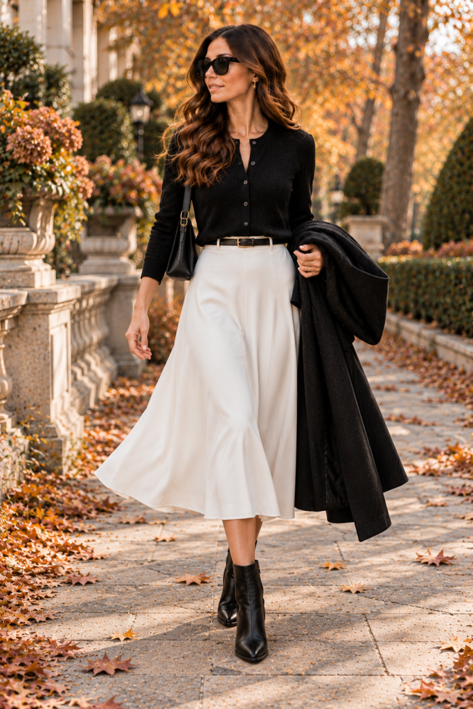 Black cardigan and flowing white midi skirt styled for fall.