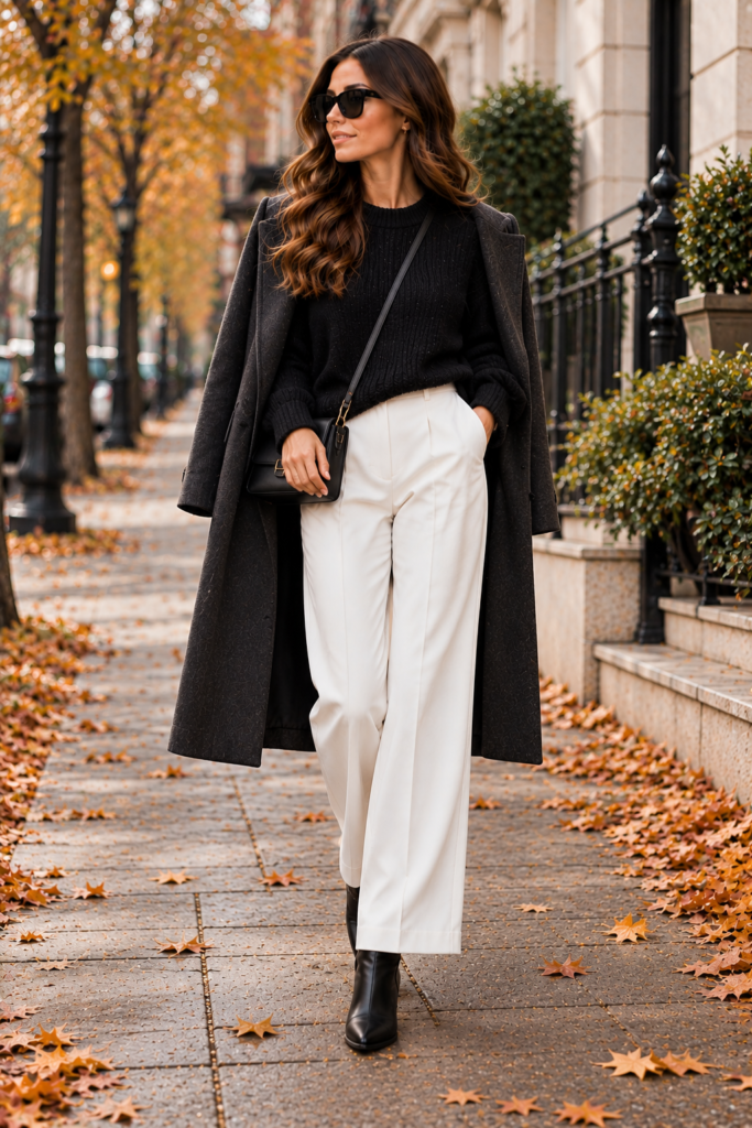  Black sweater with high-rise white pants and black ankle boots.