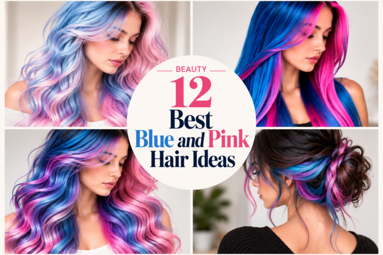 A collage of four photos showing different blue and pink hair styles, including wavy pastel tones, vibrant streaks, and a dark updo with colorful highlights.
