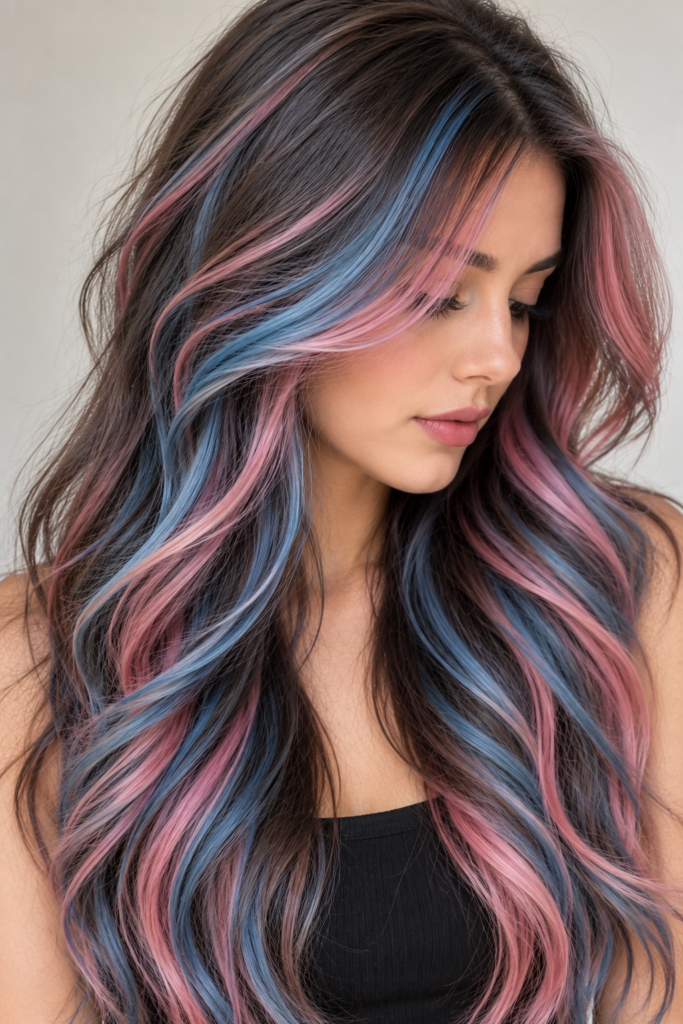 A woman with long, wavy dark hair featuring vibrant blue and pink highlights, shown in a profile view and close-up details.