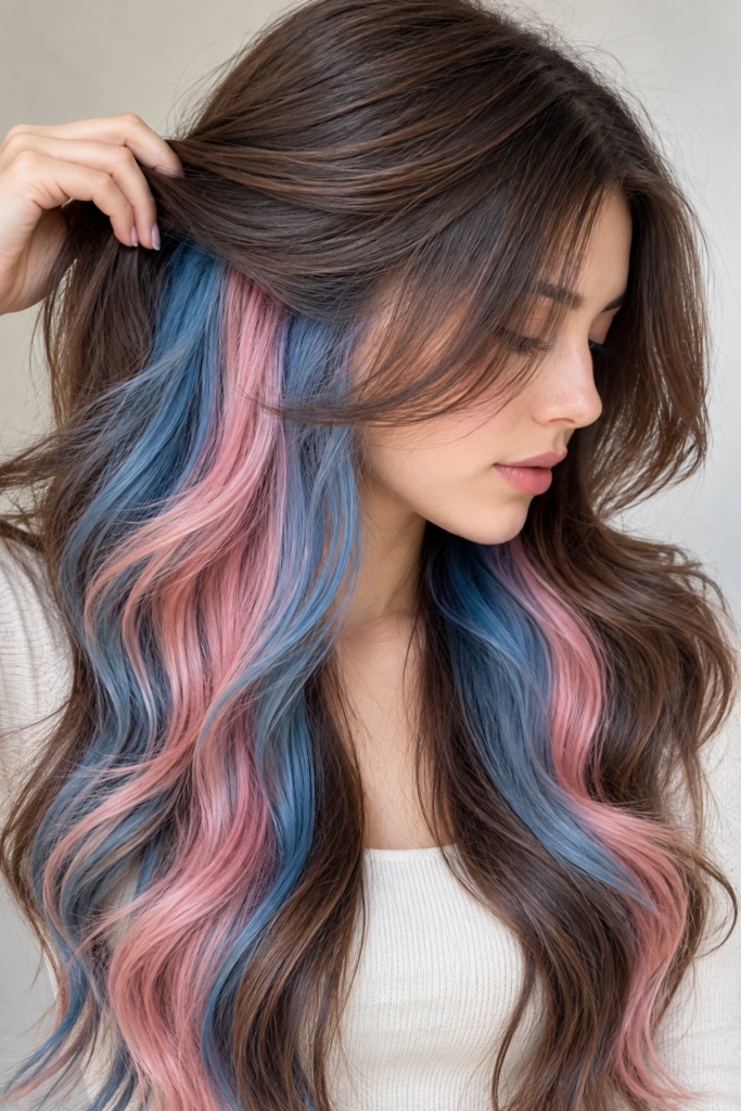 A woman with long, wavy brown hair featuring soft blue and pink highlights, shown in a profile view and close-up detail.