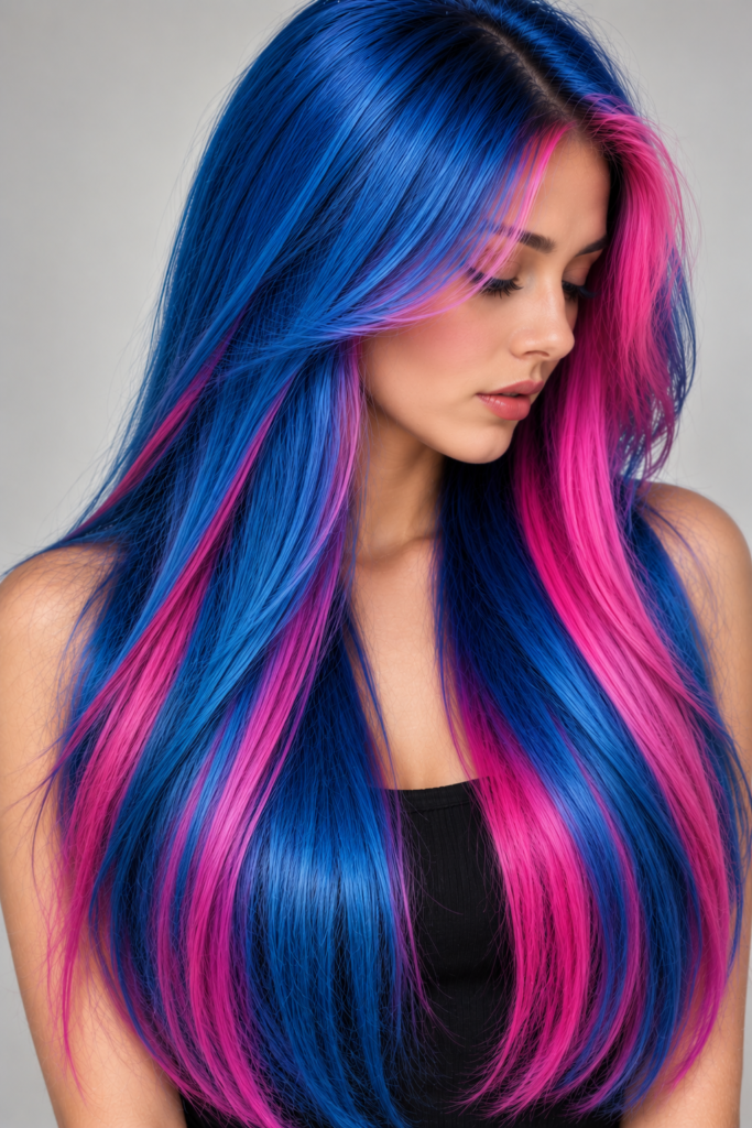 A person with long, straight hair dyed in alternating vertical stripes of bright blue and hot pink, shown from multiple angles against a plain background.
