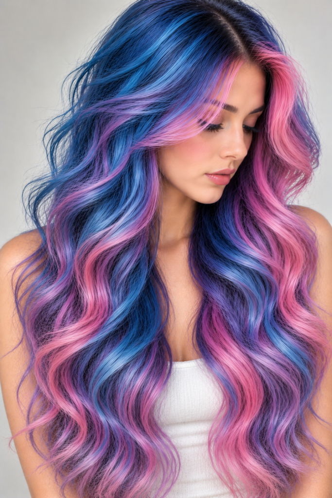 A woman with long, wavy hair dyed in a mix of blue and pink, looking down with a white top visible.
