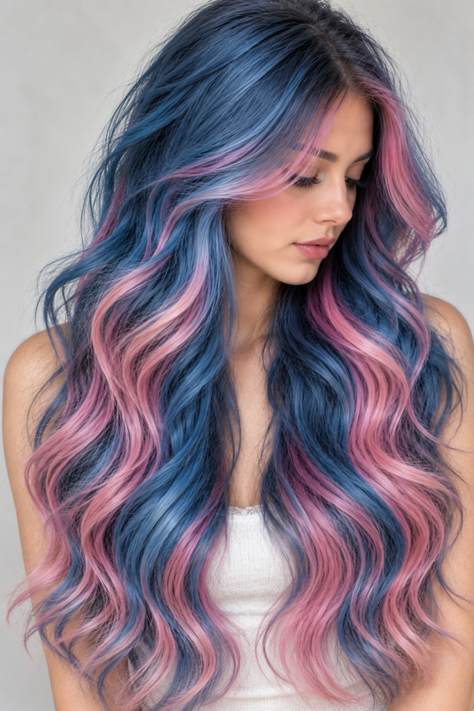 A person with long, wavy hair dyed in alternating sections of blue and pink, shown from multiple angles against a plain background.