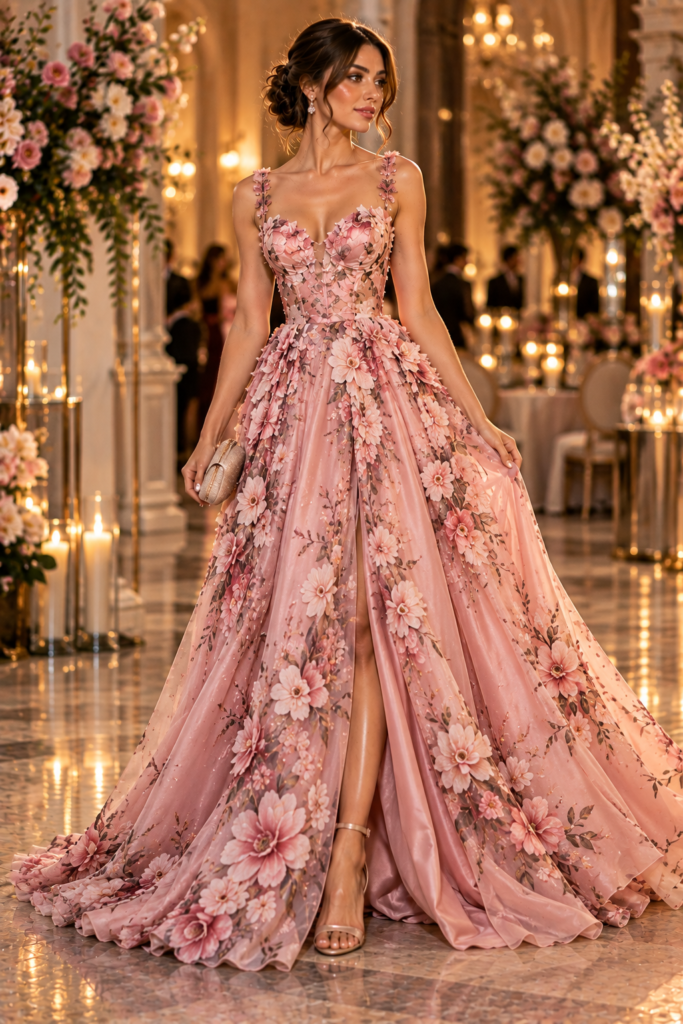 Blush pink floral evening gown with delicate ivory blossoms.