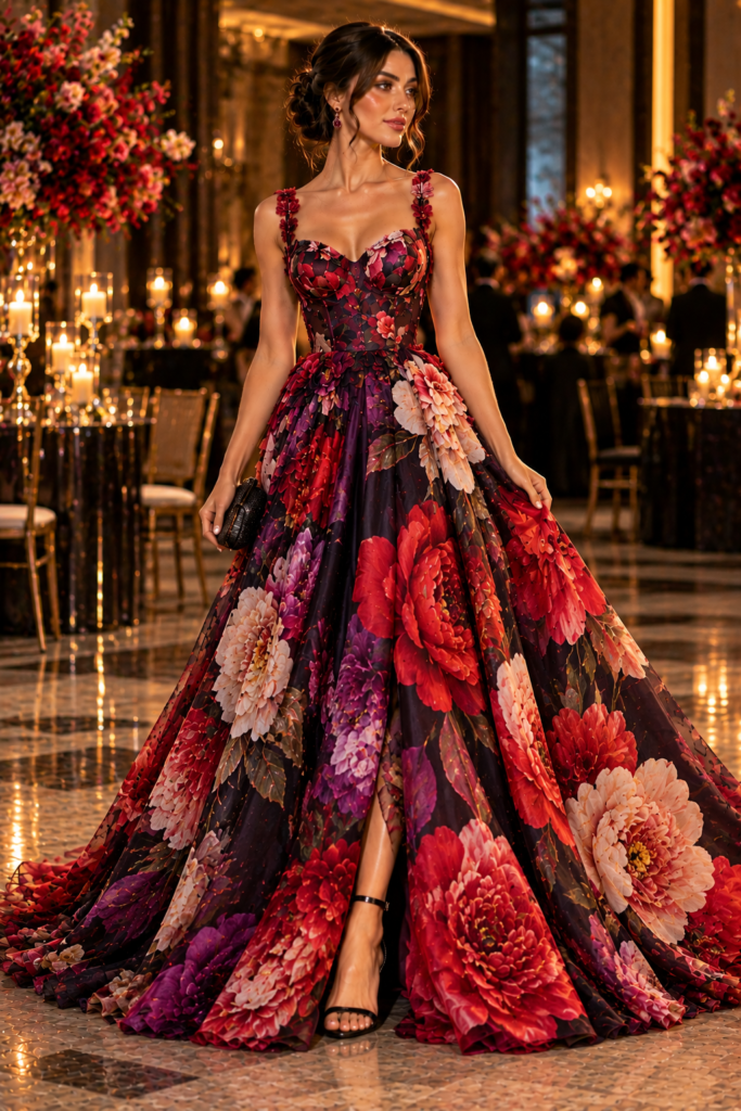 Bold floral evening gown with oversized colorful flowers and a dramatic silhouette.