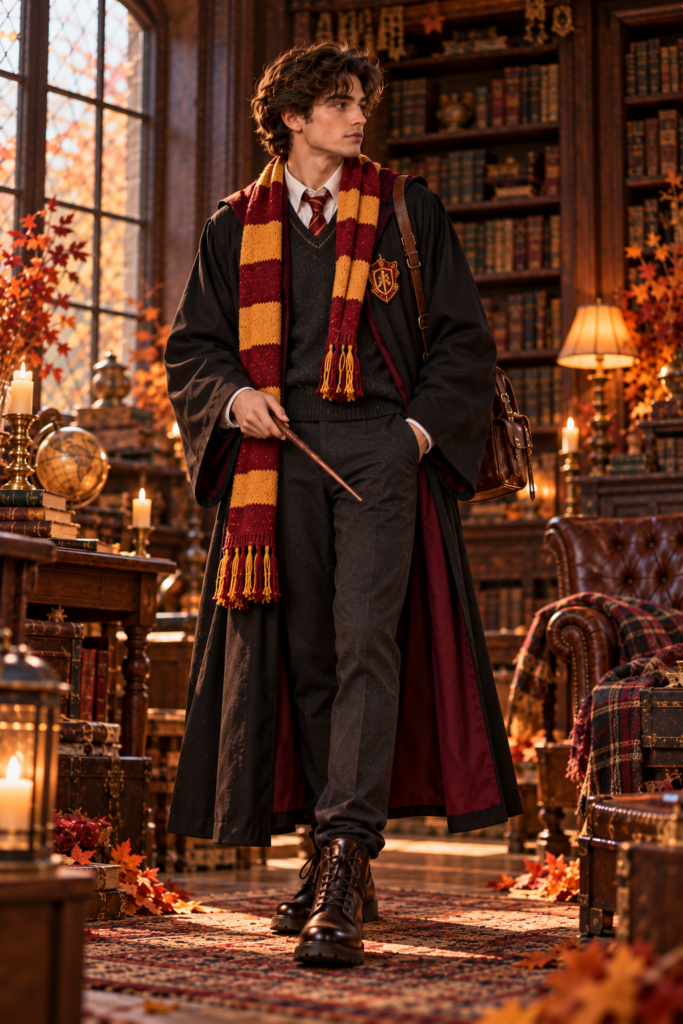 Burgundy and gold wizard-school house-inspired Halloween costume
