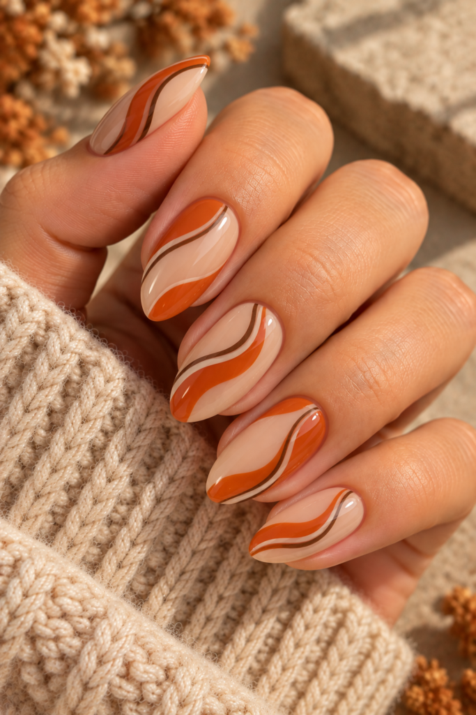 Burnt orange and cream wave nail art