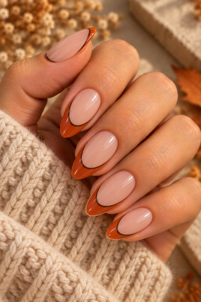 Burnt orange French tips outlined with thin brown lines