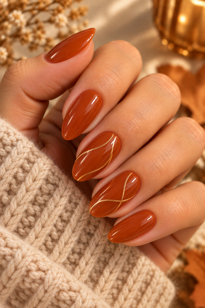 Burnt orange nails with delicate gold metallic line accents