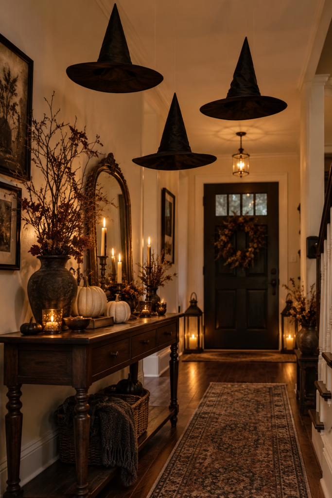 Candlelit Hallway with Floating Witch Hats