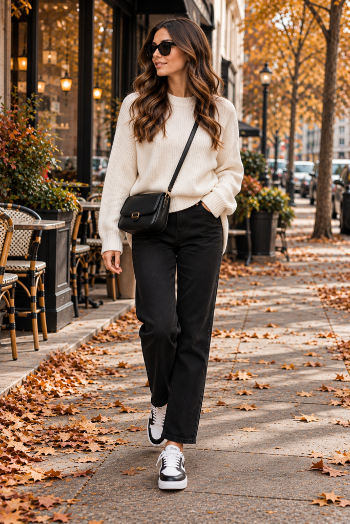 Casual white sweater, black jeans, and sneakers for an autumn day.