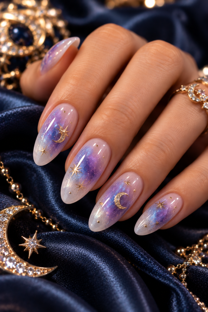 A hand with long, almond-shaped nails featuring a purple and blue galaxy aura design, accented with gold star and moon decals, resting on dark blue satin fabric.