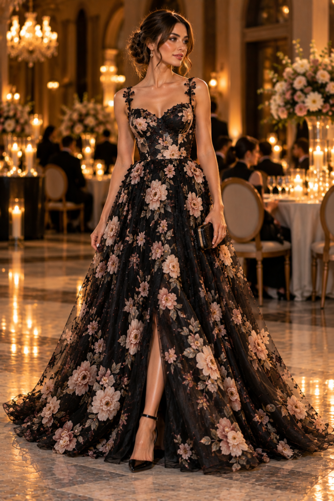 Blush pink floral evening gown with delicate ivory blossoms.