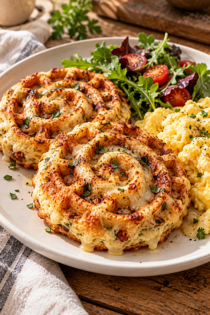 A plate of golden-brown cinnamon roll waffles topped with melted cheese and herbs, served with scrambled eggs and a side salad of arugula and cherry tomatoes.
